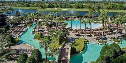 Stunning aerial view of the outdoor pools at the Signia by Hilton Orlando Bonnet Creek.