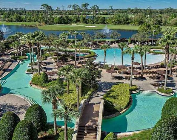 Stunning aerial view of the outdoor pools at the Signia by Hilton Orlando Bonnet Creek.