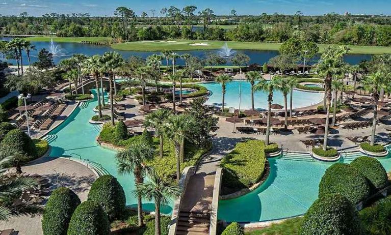 Stunning aerial view of the outdoor pools at the Signia by Hilton Orlando Bonnet Creek.