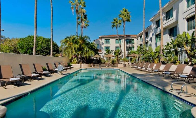 Outdoor pool surrounded by palm trees and deck lounge chairs.