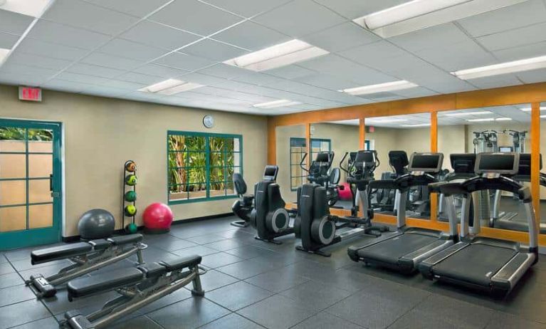 Bright fitness room with treadmills, ellipticals, free weight benches, medicine and exercise balls.