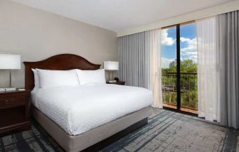 Bright king room with king bed and window at the Embassy Suites by Hilton Orlando International Drive Convention Center.