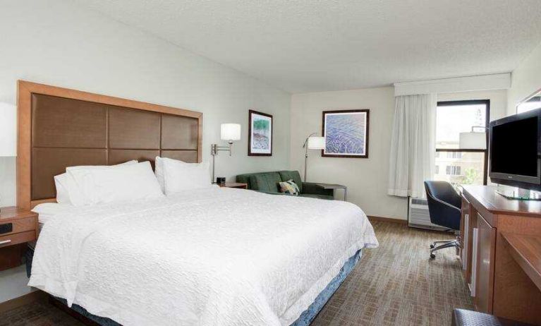 King room with king bed, TV screen, sofa bed and desk at the Hampton Inn Orlando International Drive Convention Center.