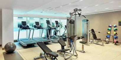 Fully equipped fitness center at the Hilton Garden Inn Dubai Mall of the Emirates.