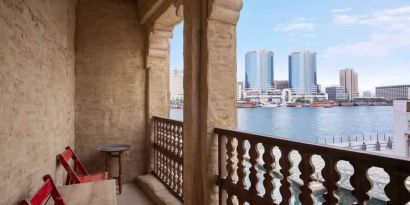 Stunning creek view from a king room balcony at the Al Seef Heritage Hotel Dubai, Curio Collection by Hilton.