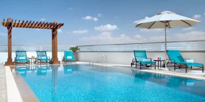 Beautiful outdoor pool at the Hilton Garden Inn Dubai Al Muraqabat