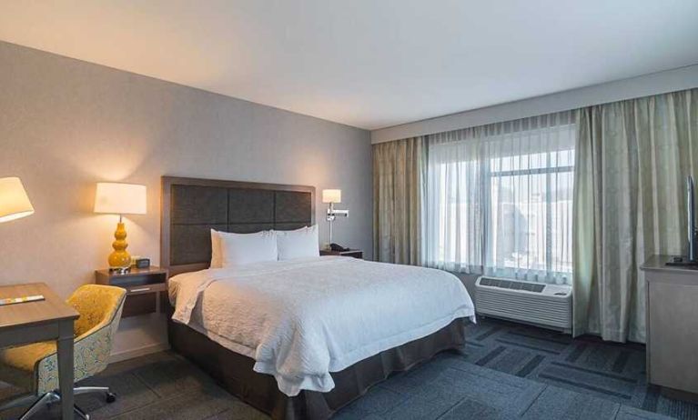 King bed with work desk and natural light at Hampton Inn Chicago North-Loyola Station.