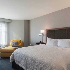 Spacious, king bed with natural light at Hampton Inn Chicago North-Loyola Station.