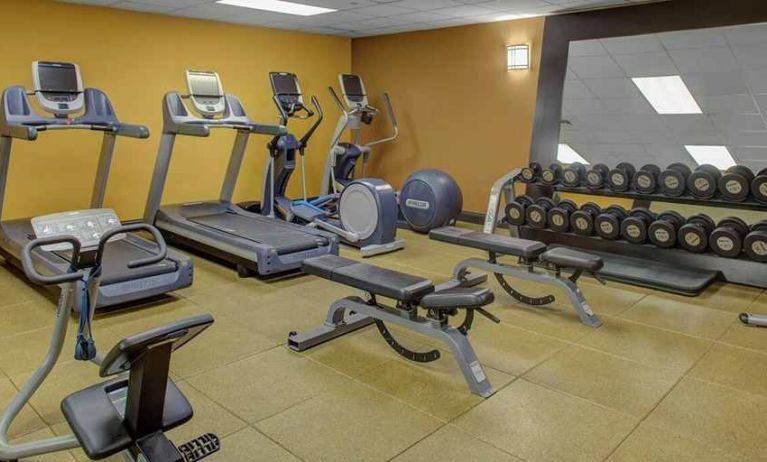 Equipped fitness center at DoubleTree Suites by Hilton Hotel Dayton - Miamisburg.