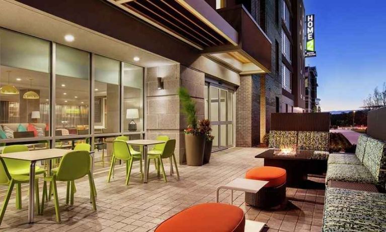 Funky outdoor lounge with coworking space at Home2 Suites by Hilton Silver Spring.