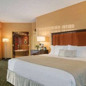 Spacious 2 bedroom suite with a king size bed, desk, tv, and bath at the Embassy Suites by Hilton Hampton Convention Center