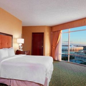 Spacious king bed room with a view, tv, activity table and bath at the Embassy Suites by Hilton Hampton Convention Center