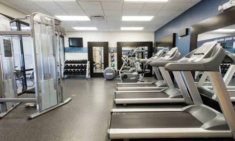 Fitness center with treadmills and weights at the Hampton Inn & Suites Chicago Deer Park.