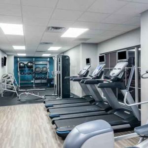 Fitness center with treadmills at the Hampton Inn & Suites Amelia Island-Historic Harbor Front.