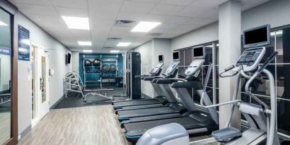 Fitness center with treadmills at the Hampton Inn & Suites Amelia Island-Historic Harbor Front.