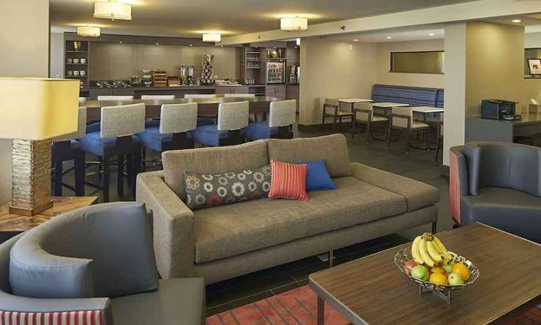 comfortable lounge-lobby area perfect for coworking at Hilton Raleigh North Hills.