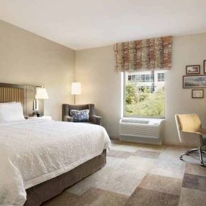 bright-lit king-sized bed with TV and work desk at Hampton Inn Salt Lake City Cottonwood.