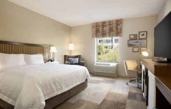 bright-lit king-sized bed with TV and work desk at Hampton Inn Salt Lake City Cottonwood.