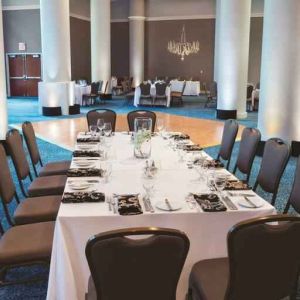 Elegant dining room perfect as workspace at the Hilton Dallas Lincoln Centre.