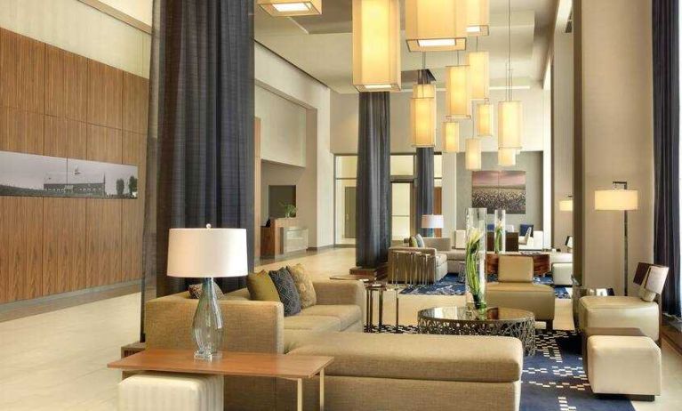 Comfortable lobby area perfect as workspace at the DoubleTree by Hilton Cedar Rapids Convention Complex.