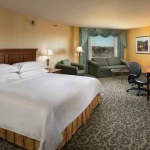 Spacious king room with king size bed, sofa and desk at the DoubleTree by Hilton Lisle-Naperville.