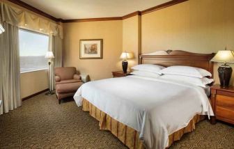 Bright and comfortable hotel room with king size bed and window at the DoubleTree by Hilton Lisle-Naperville.