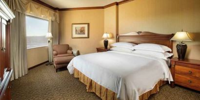 Bright and comfortable hotel room with king size bed and window at the DoubleTree by Hilton Lisle-Naperville.