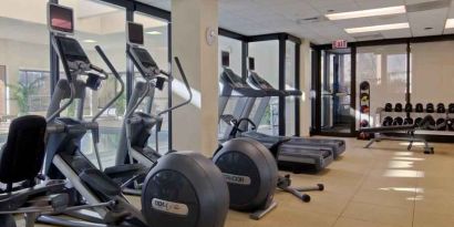 Fully equipped fitness center at the DoubleTree by Hilton Lisle-Naperville.