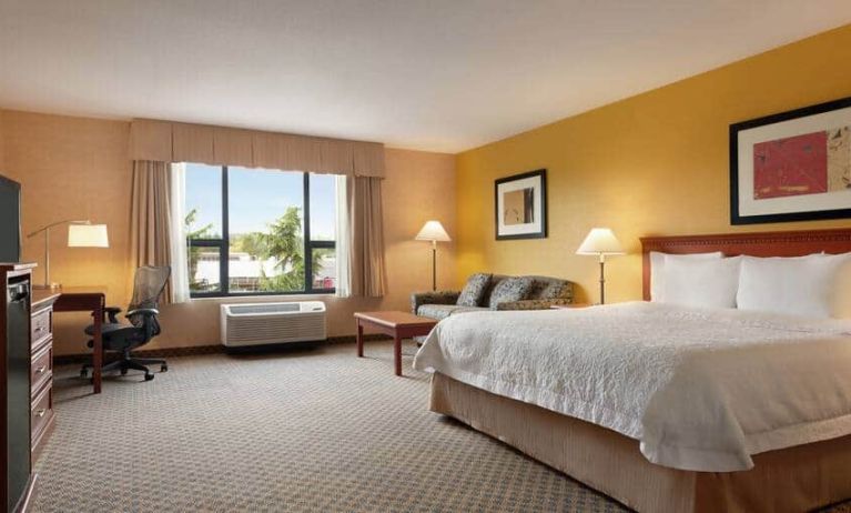 1 king bed with desk, tv and sofabed at the Hampton Inn & Suites by Hilton Langley-Surrey