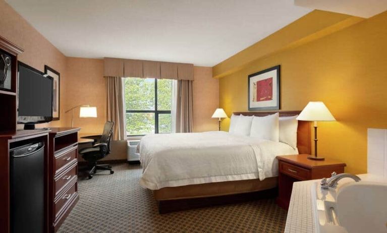 1 king bed with desk, tv and accessible bath at the Hampton Inn & Suites by Hilton Langley-Surrey