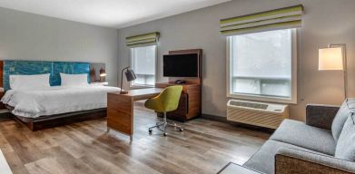 Spacious studio space with 1 king bed, desk, sofabed, couch and tv at the Hampton Inn & Suites by Hilton Edmont