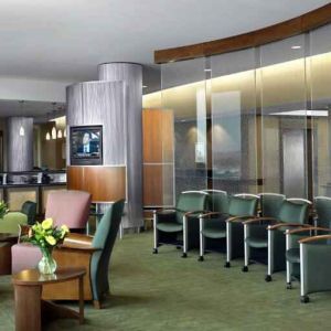 Beautiful lobby area with lounges and chairs perfect as workspace at the DoubleTree by Hilton Omaha-Downtown.