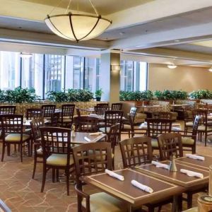 Restaurant area perfect as workspace at the DoubleTree by Hilton Omaha-Downtown.