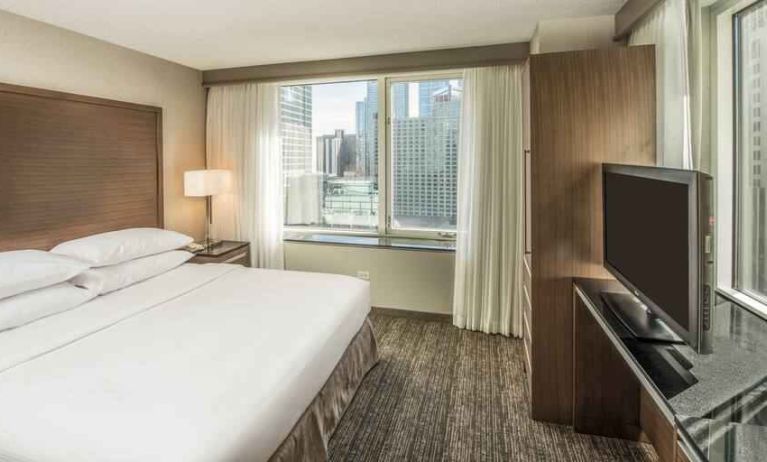 King size bed, TV screen and large window in a bedroom at the Embassy Suites by Hilton Chicago Magnificent Mile.