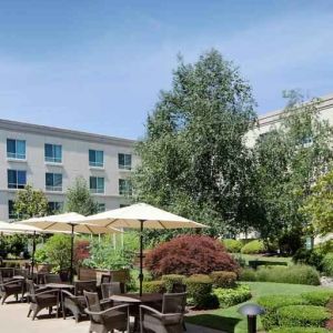 Beautiful courtyard perfect as workspace at the Hilton Seattle Airport & Conference Center.