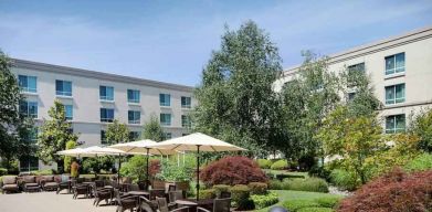 Beautiful courtyard perfect as workspace at the Hilton Seattle Airport & Conference Center.