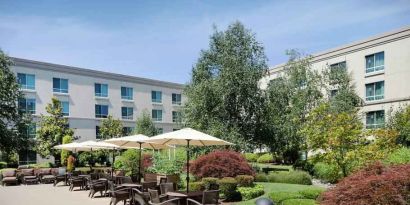 Beautiful courtyard perfect as workspace at the Hilton Seattle Airport & Conference Center.