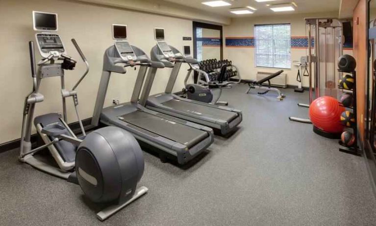 Fully equipped fitness center at the Hampton Inn Boston Bedford Burlington.