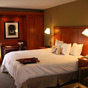 Spacious king suite with window and working station at the Hampton Inn Ann Arbor South.