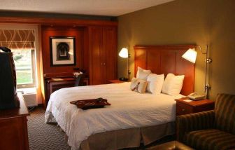 Spacious king suite with window and working station at the Hampton Inn Ann Arbor South.