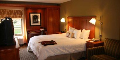 Spacious king suite with window and working station at the Hampton Inn Ann Arbor South.