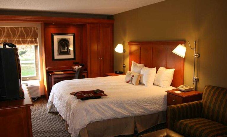 Spacious king suite with window and working station at the Hampton Inn Ann Arbor South.