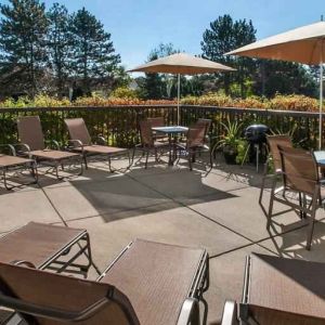 Beautiful outdoor garden perfect as workspace at the Hampton Inn Ann Arbor South.