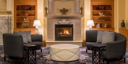 Comfortable workspace by the fireplace at the Embassy Suites by Hilton Portland-Downtown.