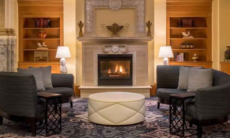 Comfortable workspace by the fireplace at the Embassy Suites by Hilton Portland-Downtown.