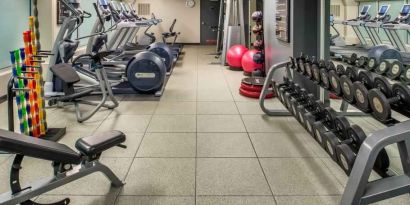 Fully equipped fitness center at the Embassy Suites by Hilton Portland-Downtown.