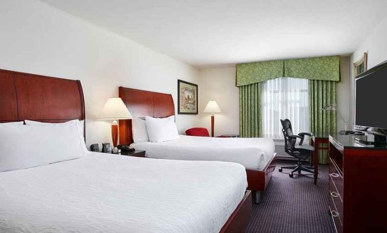 luxurious queen room with TV and work area at Hilton Garden Inn Rockville-Gaithersburg.