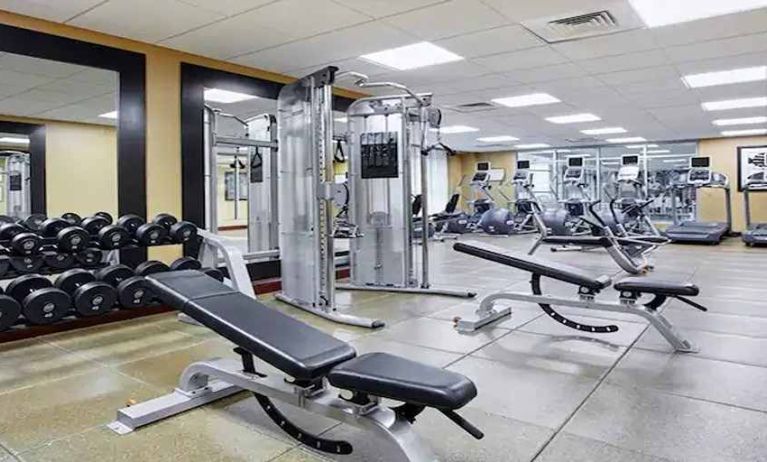 well-equipped fitness center at Homewood Suites by Hilton Rockville-Gaithersburg.