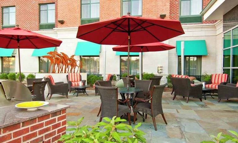 lovely outdoor garden patio for relaxing or coworking at Homewood Suites by Hilton Rockville-Gaithersburg.