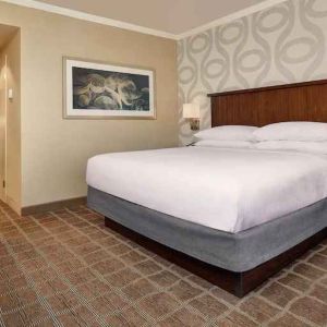 Comfortable king size bed in a hotel suite at the Embassy Suites by Hilton San Diego-La Jolla.